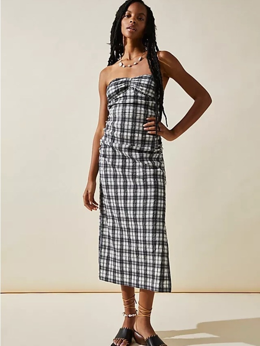 New Free People Women’s Size M Brandie Plaid Midi Dress Ruched Tube Boho Y2K